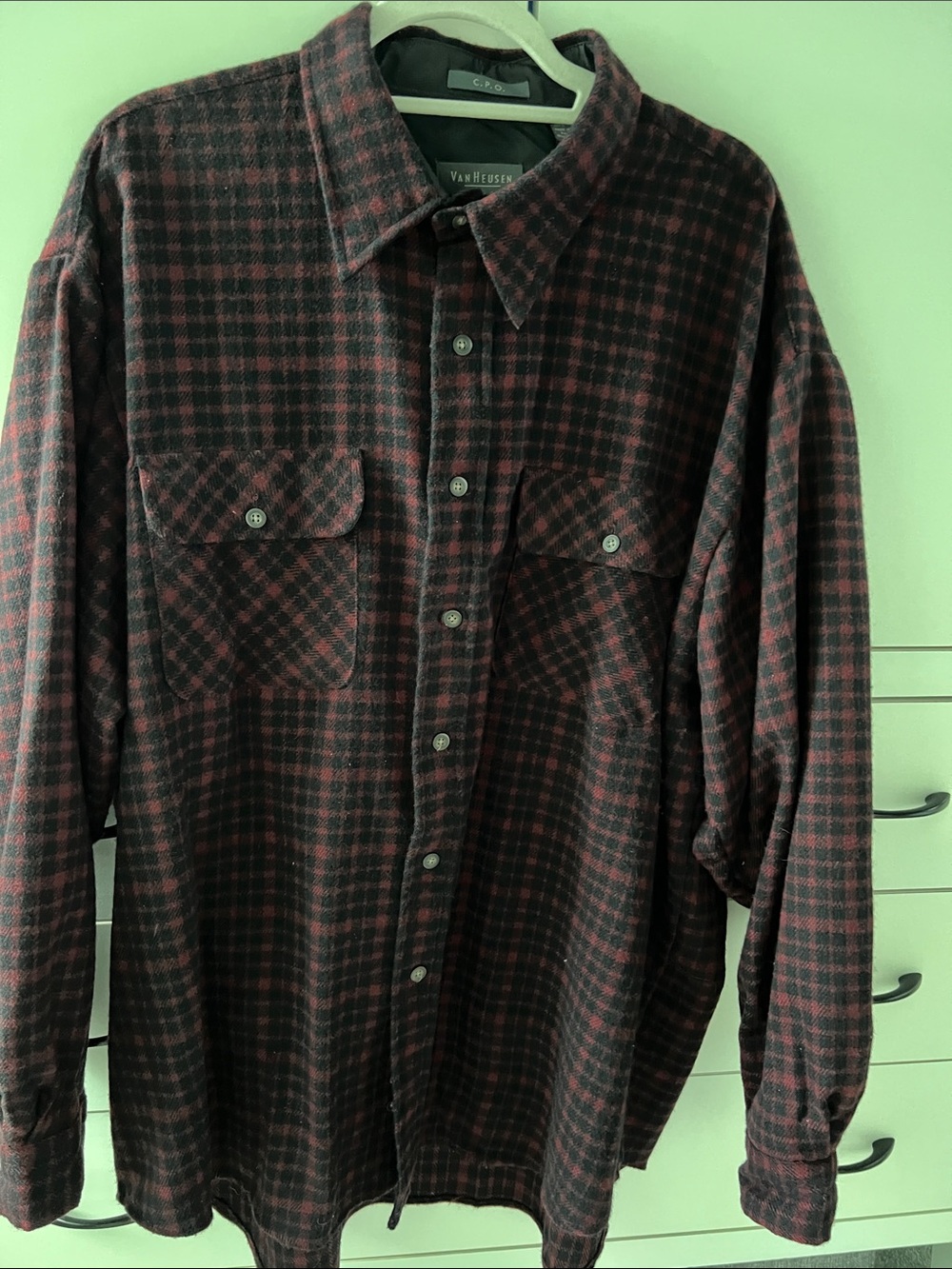 Van Heusen Black and Dark Red Plaid Flannel Shirt